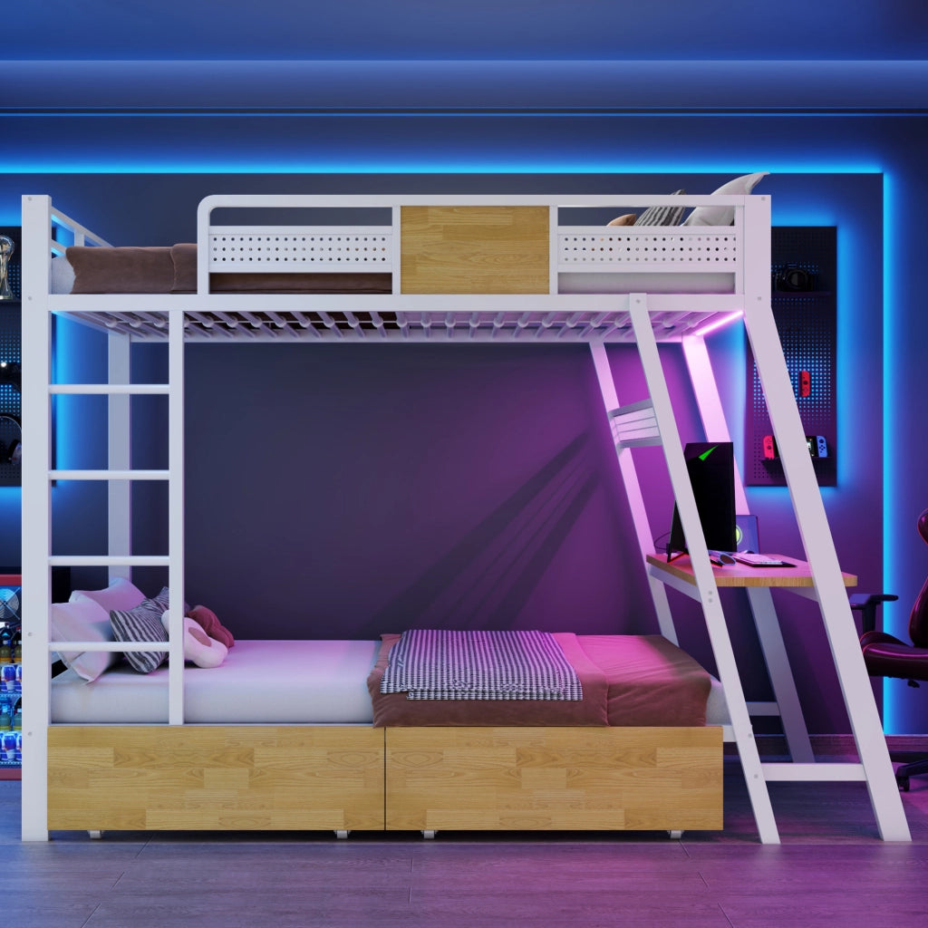 Letto a castello in metallo 90 x 200 cm bianco con scrivania e LED