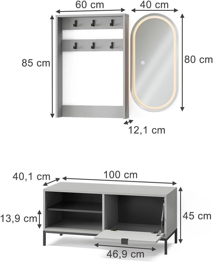 Armadio da ingresso Eliza, Grigio, 100 x 45 cm Set, 3 parti, adatto per montaggio a parete e appendiabiti