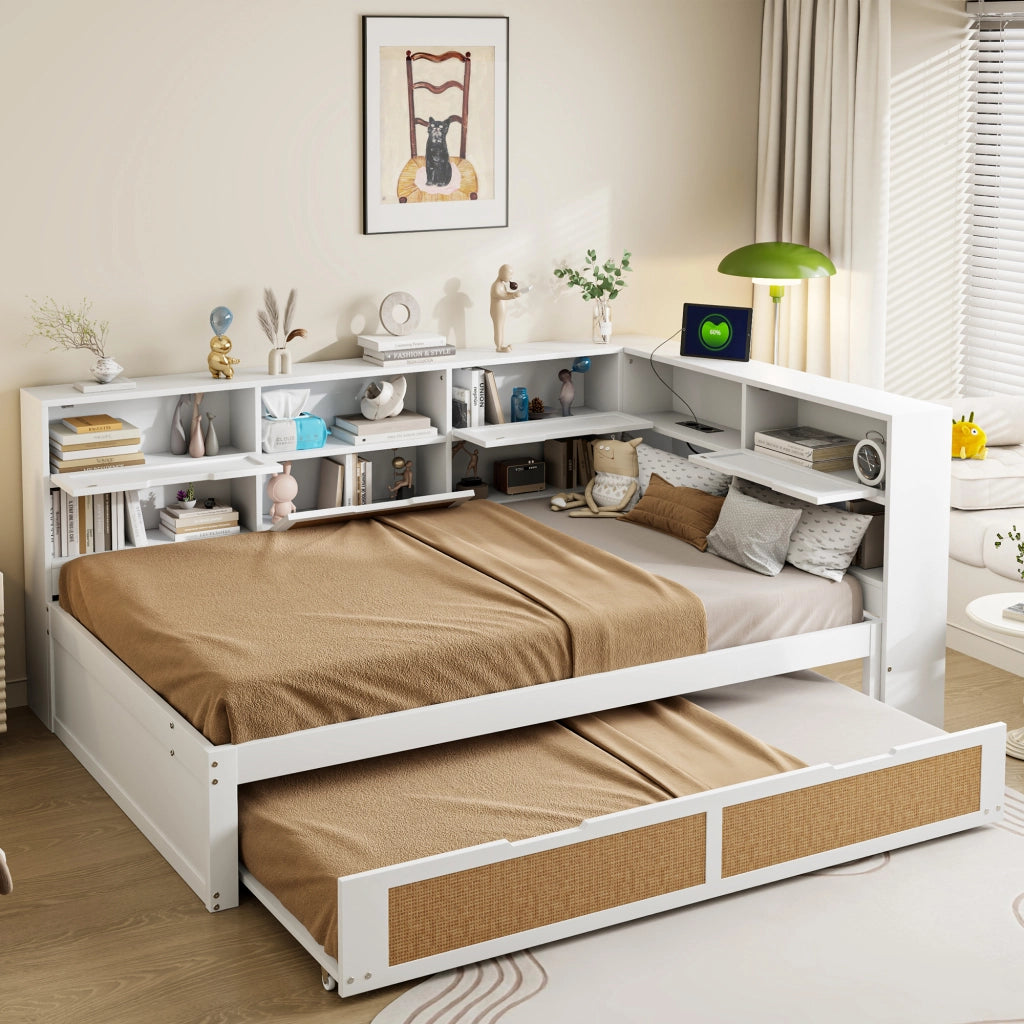 Letto Estraibile 140x200 cm; Letto Singolo - USB; Presa; Contenitore in Legno Bianco