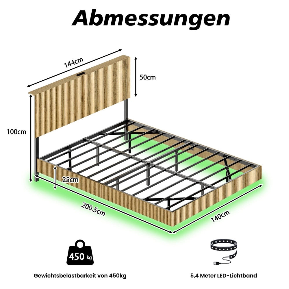 Letto con LED e testiera ¨C Minimal ¨C Metallo 140x200 cm, colore beige