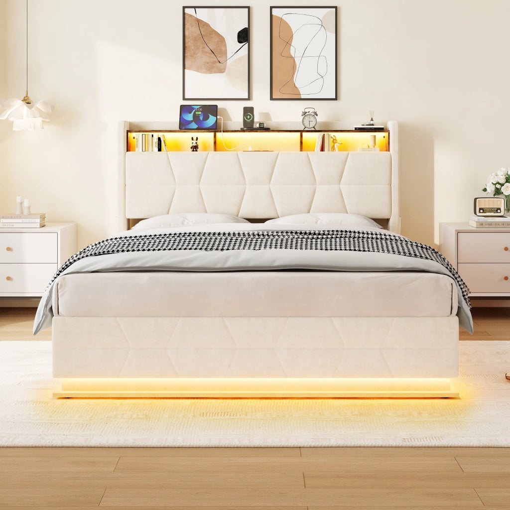Letto matrimoniale 140 × 190 cm con testiera contenitore, LED, USB e Type-C, senza materasso, in velluto beige