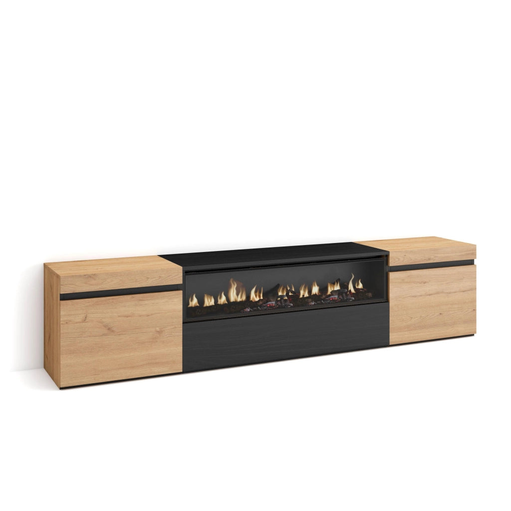 Mobile TV, 200x35x45cm, soggiorno, Per TV fino a 80", Camino elettrico, colore Rovere e nero RF2259