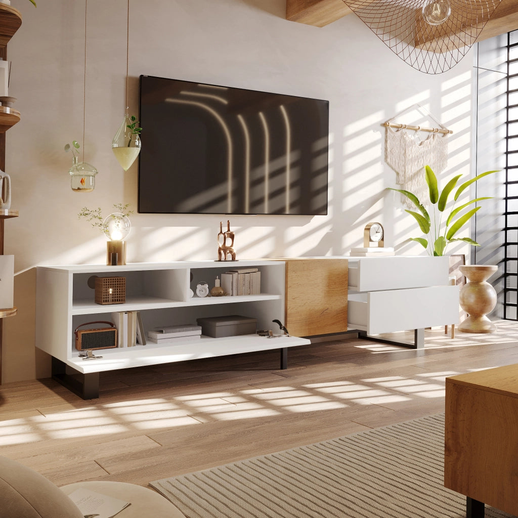 Mobile TV moderno in bianco e legno - Zephmum- 180x50x38 cm design minimalista