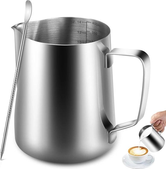 Cannetta per latte da 600 ml in acciaio inossidabile, ideale per cappuccino come emulsificatore di latte, colore argento, 400ml