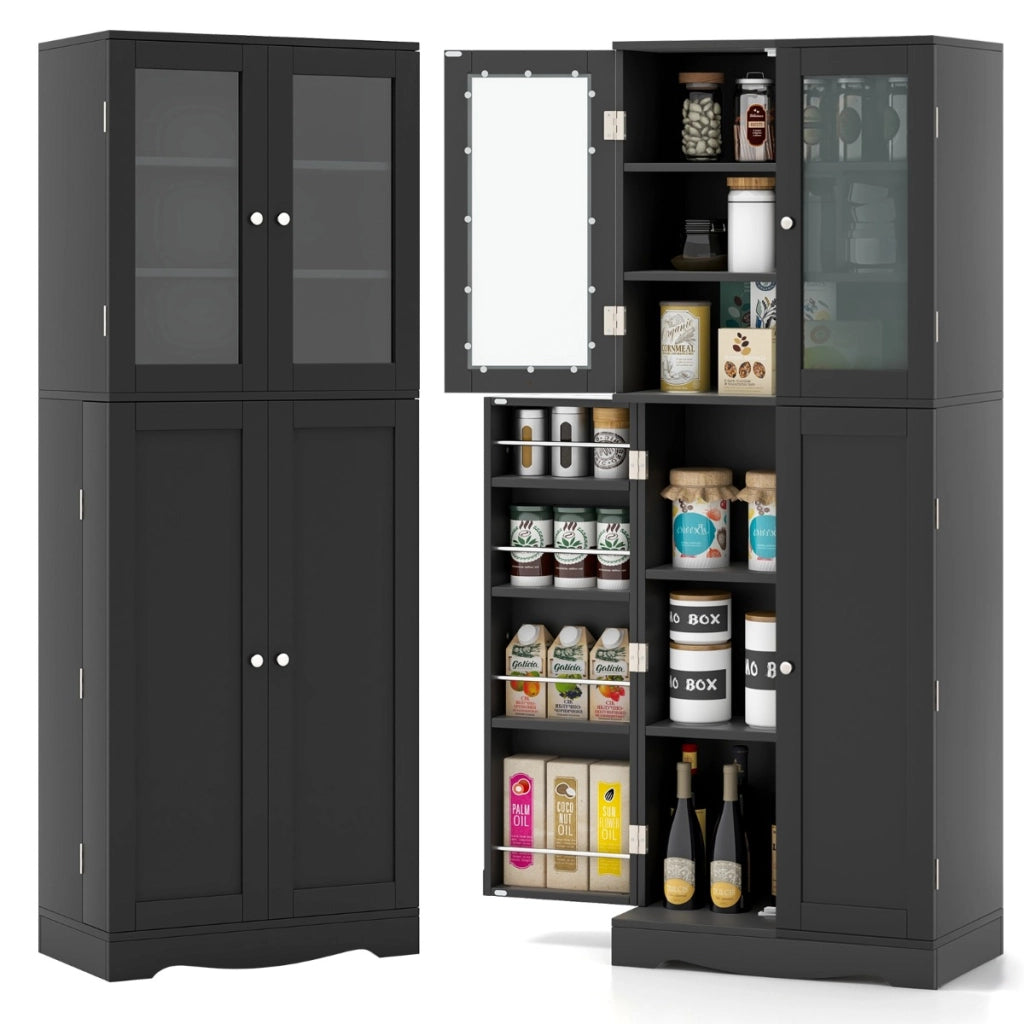 Mobile dispensa da cucina alto 161,5cm con ante in vetro ripiani di stoccaggio, Armadio dispensa per alimenti Nero-Credenze buffet