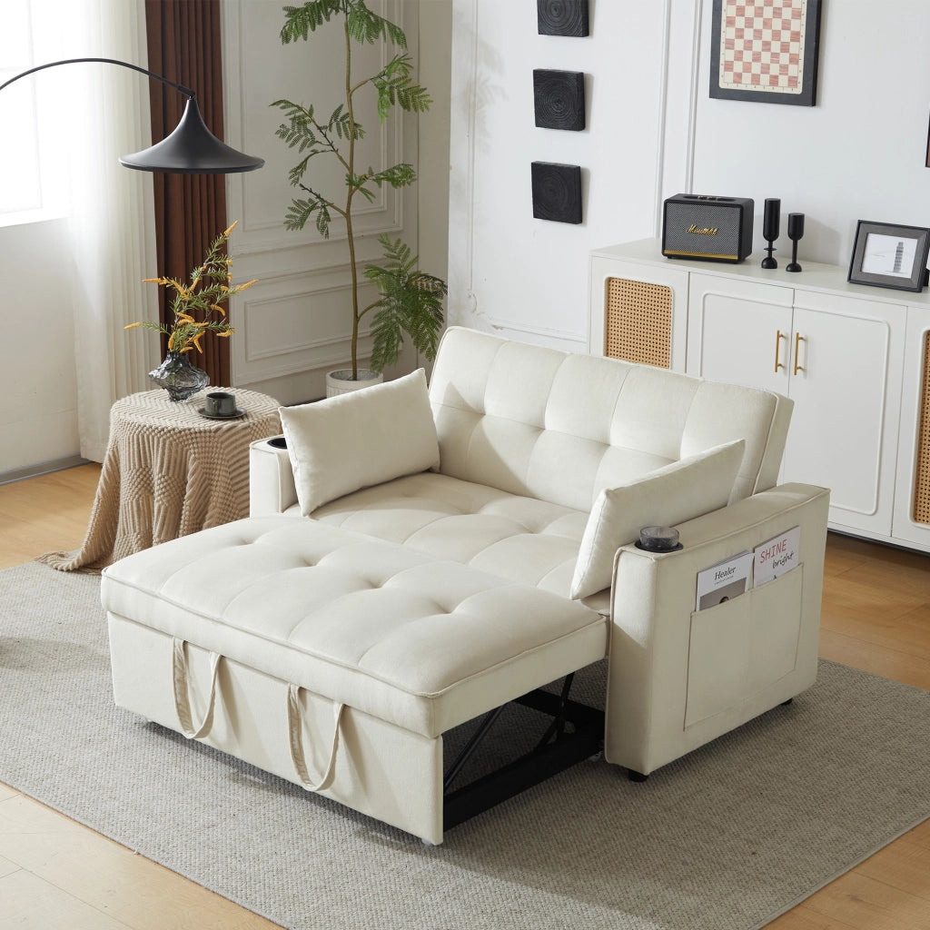 OKWISH Divano Letto 2 Posti, Schienale Regolabile a 3 Posizioni con Portabicchieri, Tasche Laterali e Cuscini, Velluto Beige