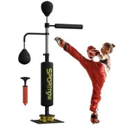 Sacco da boxe autoportante con due speedballs, barra rotante da boxe, calciatore, regolabile in altezza, in acciaio, 84 x 36 x 140-205 cm, Nero