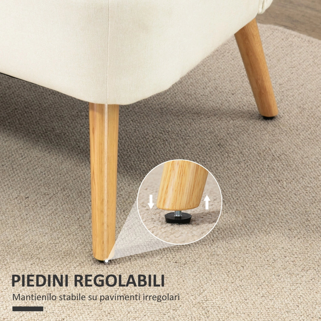 Divano 2 Posti 117x56,5x77 cm Senza Braccioli con Gambe in Legno e Tessuto Effetto Lino Bianco Crema