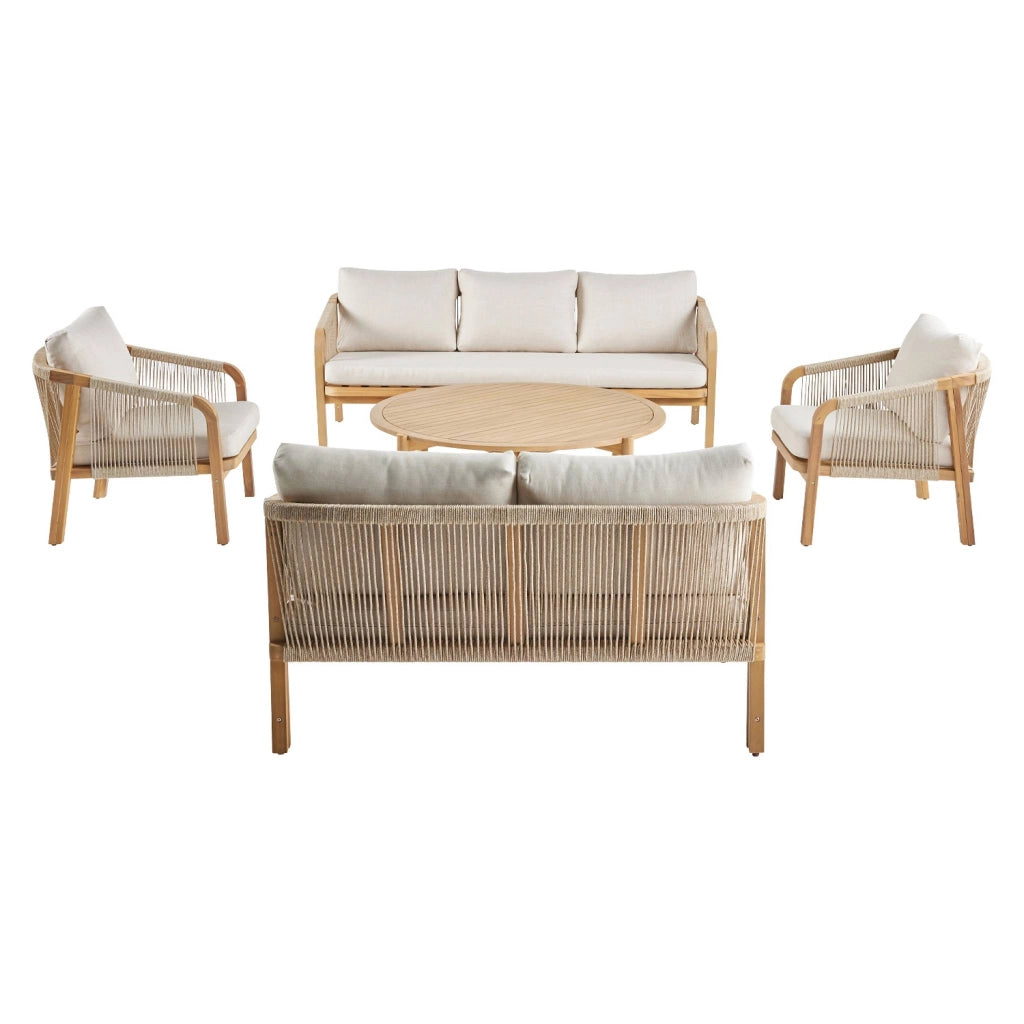 Salotto da giardino in legno di acacia e corde, 7 posti, beige