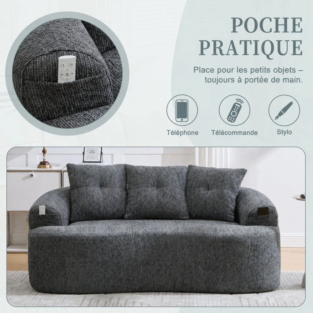 Divano a 2 posti in ciniglia con seduta profonda, molle insacchettate e cuscini imbottiti grigio 164 × 92 × 60 cm
