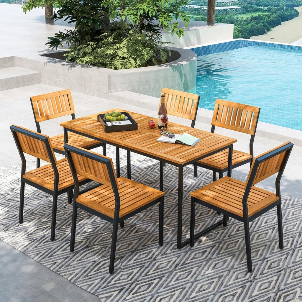 Tavolo da pranzo per esterni, 140 x 70 x 70 x 70 cm, con foro per ombrellone e tavolo in legno di acacia, per 6-8 persone, tavolo da cucina per giardino e casa