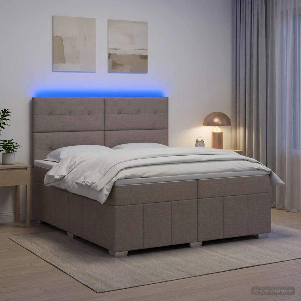 Letto Box Spring LED con Materasso Tortora 200 x 200 cm Tessuto 3455686