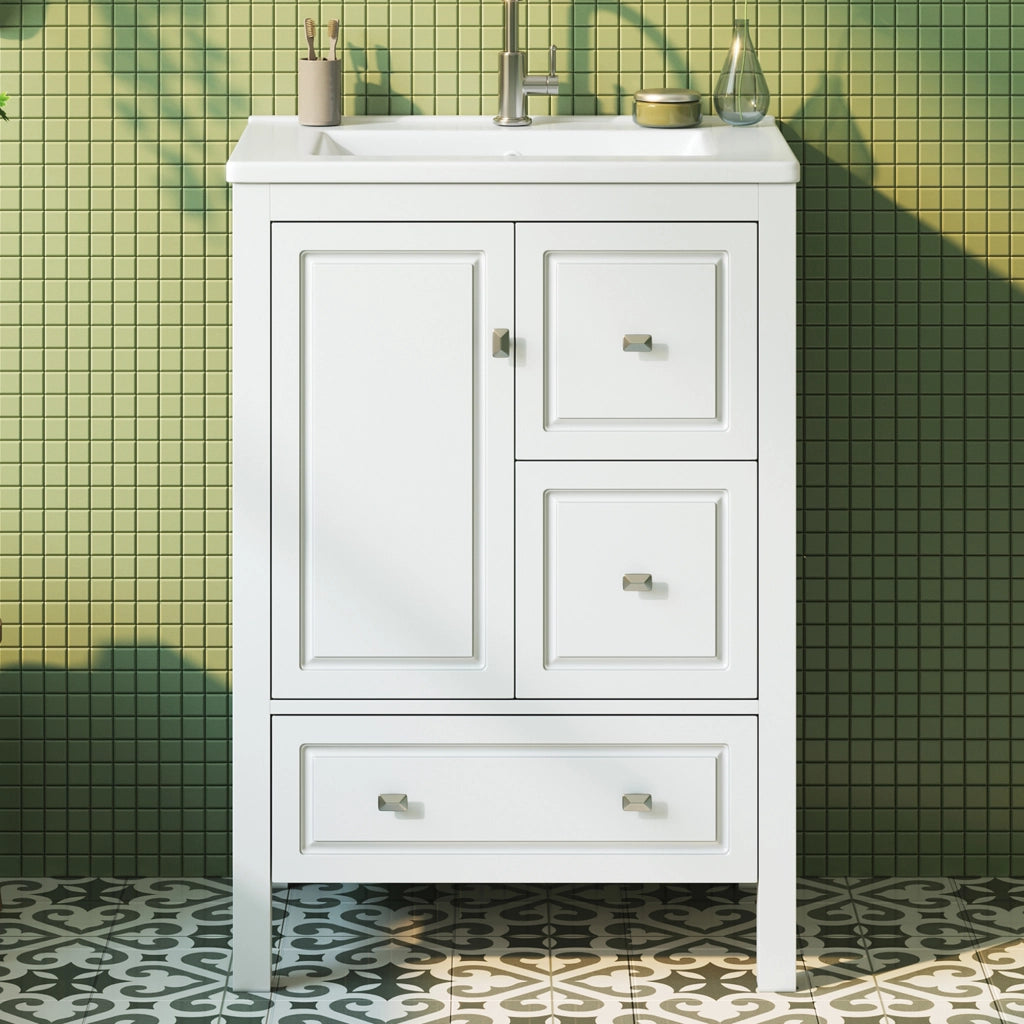 Mobile bagno freestanding 62¡Á47¡Á90 cm con lavabo in ceramica, finitura laccata bianca, 1 anta e 3 cassetti