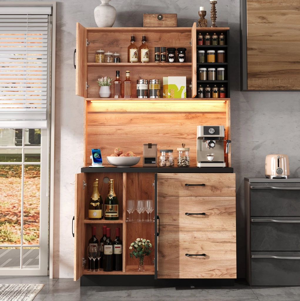 Credenza cucina alta in MDF con LED; 3 cassetti; prese EU e USB; nero e effetto legno