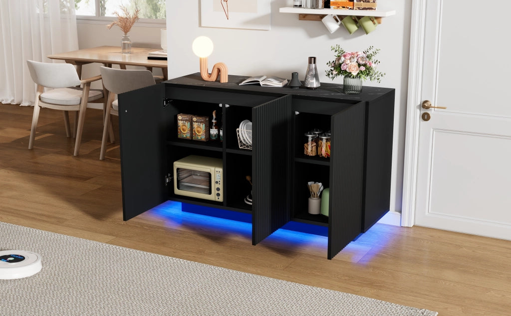 Credenza moderna 120 cm con LED Bluetooth, finitura nera effetto marmo, 3 ante e 6 scomparti