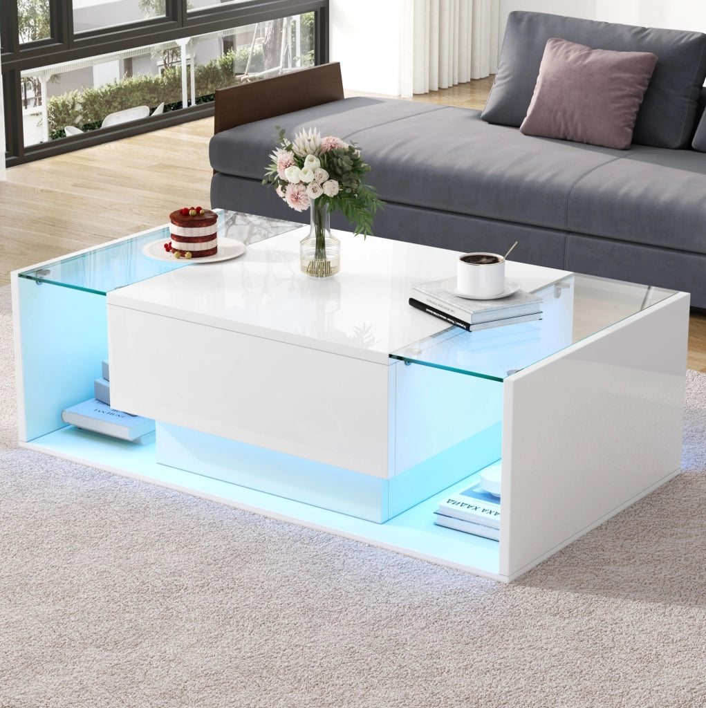 Tavolino da salotto quadrato 100 x 50 x 31 cm con 1 cassetto; LED e vetro temperato bianco lucido