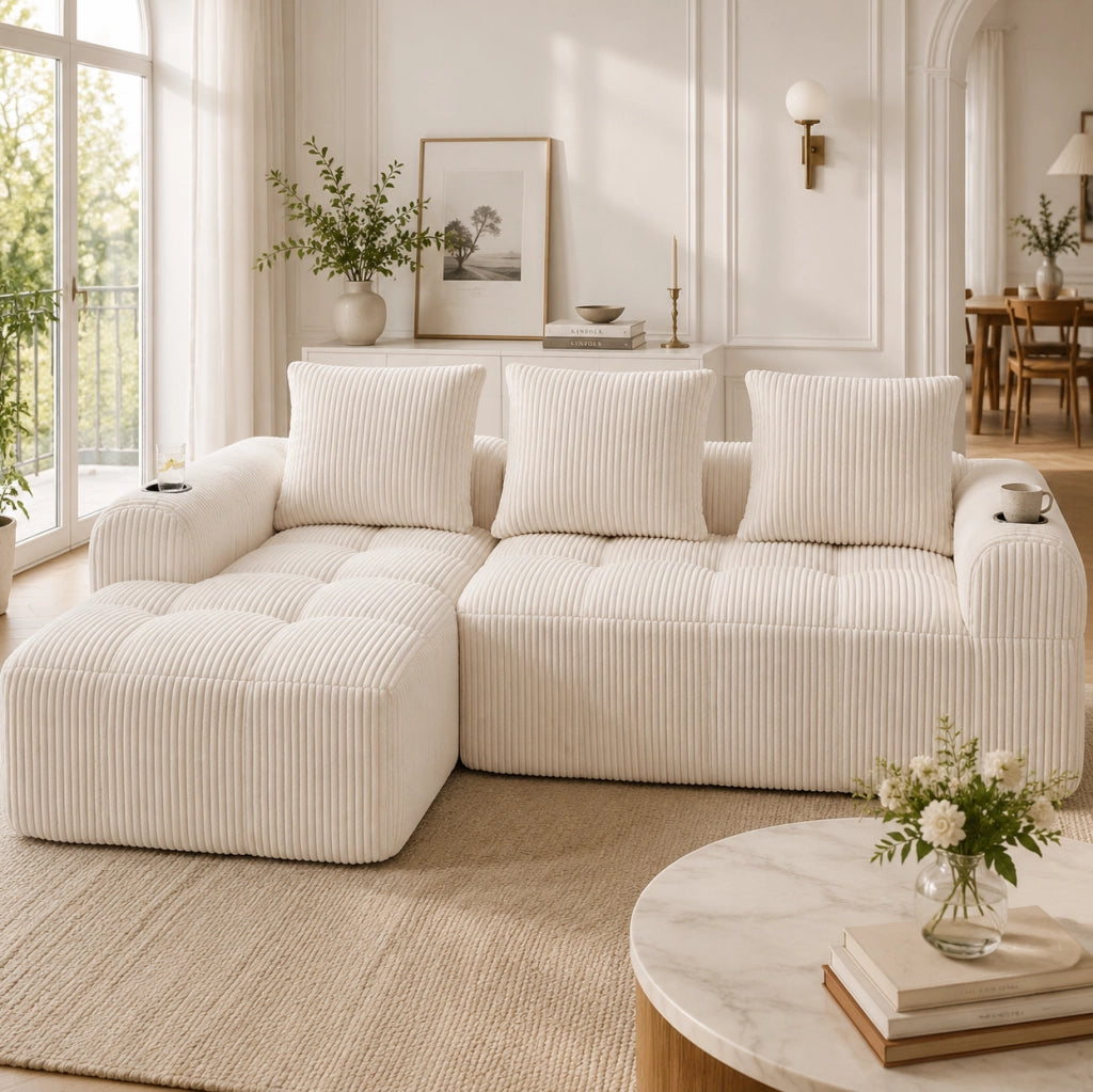 Divano componibile in corduroy beige 253x158x61 cm con tasche laterali e portabicchieri