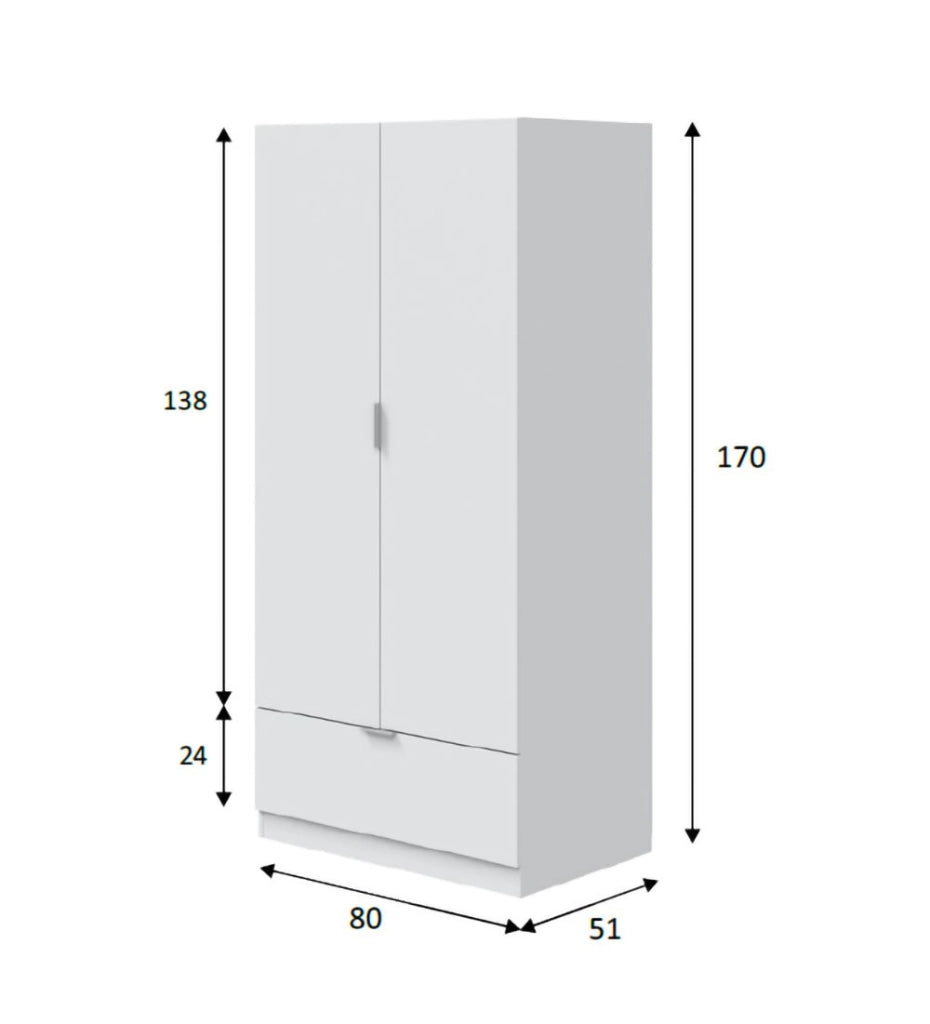Armadio Camera da Letto Budoia, Guardaroba 2 Ante Appendiabiti, 51x170h cm Bianco