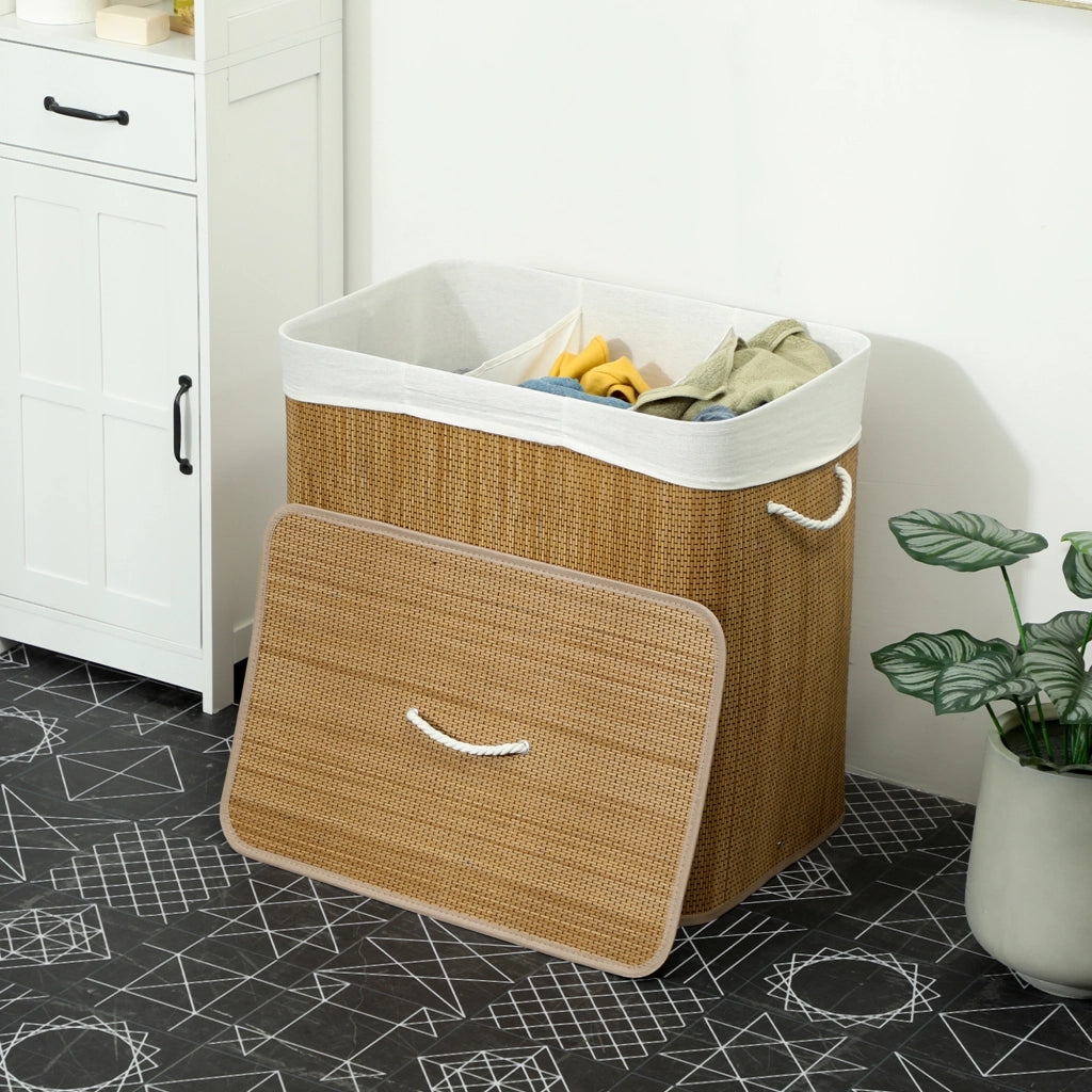 Cesto Portabiancheria 60x40x60 cm con Coperchio 3 Scomparti 144L con Sacca Removibile e Lavabile in Bambù Marrone