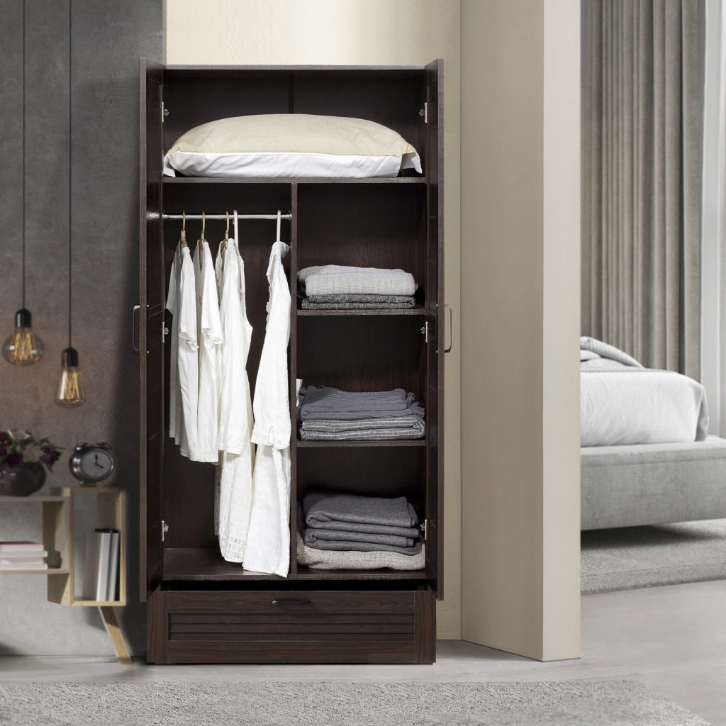 Armadio Guardaroba Finning con Ante a Persiana e Cassetto 176 x 80 x 52 cm Effetto Noce Scuro [en.casa]