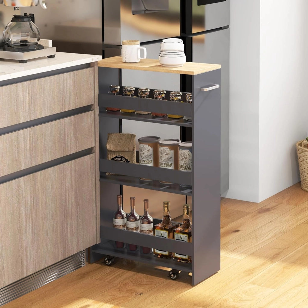Carrello da Cucina a 4 Ripiani, Carrello in Legno con 4 Ruote Universali, Carrello Scaffale Stretto Salvaspazio con Manico per Bagno, Ufficio e Officina, 47,5 x 20 x 80,5 cm (Grigio)