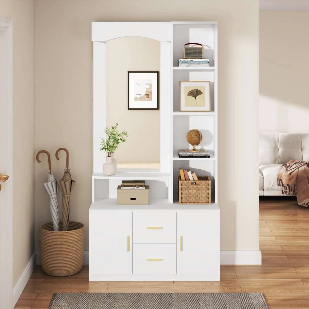 Mobile d'ingresso multifunzionale 90x40x180 cm, bianco ¨C armadio scarpe, specchio, 2 cassetti, 2 ante, ripiani ¨C per corridoio e soggiorno