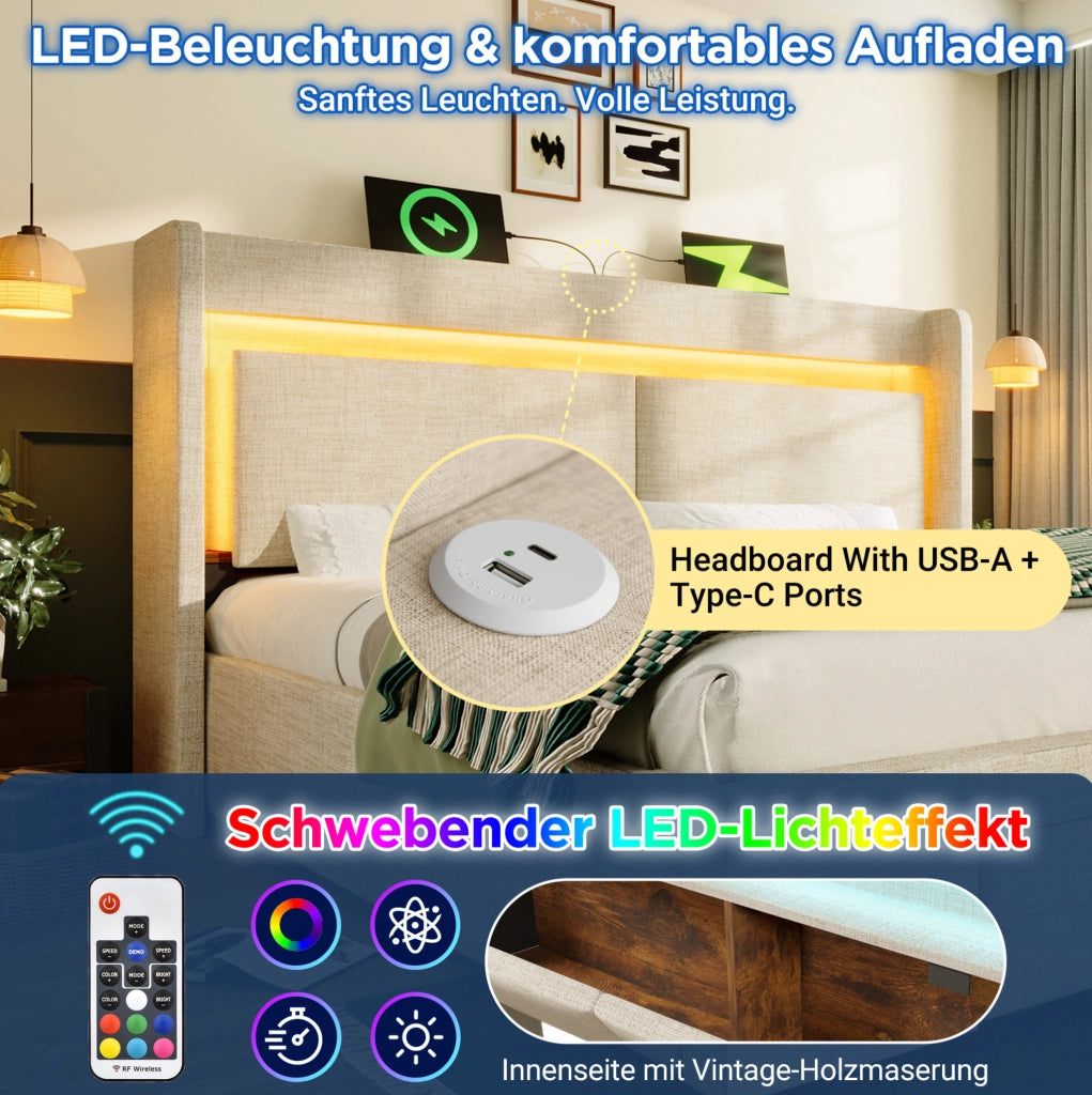 Letto imbottito con contenitore idraulico, testiera con ricarica e LED, beige, 180x200 cm