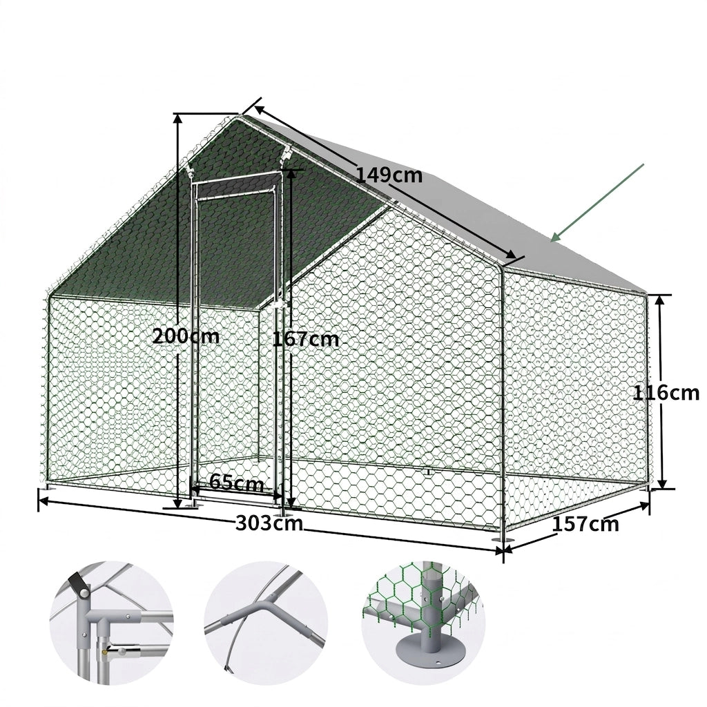 Pollaio in Metallo 3×1;5×2 m; Recinto per Galline da Esterno con Telo Impermeabile UV; Porta con Serratura e Rete Protettiva