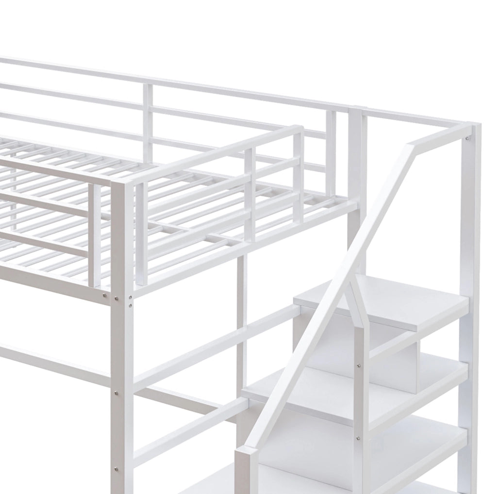 Letto a soppalco per bambini 140x200 cm bianco con scaffali e scala contenitore