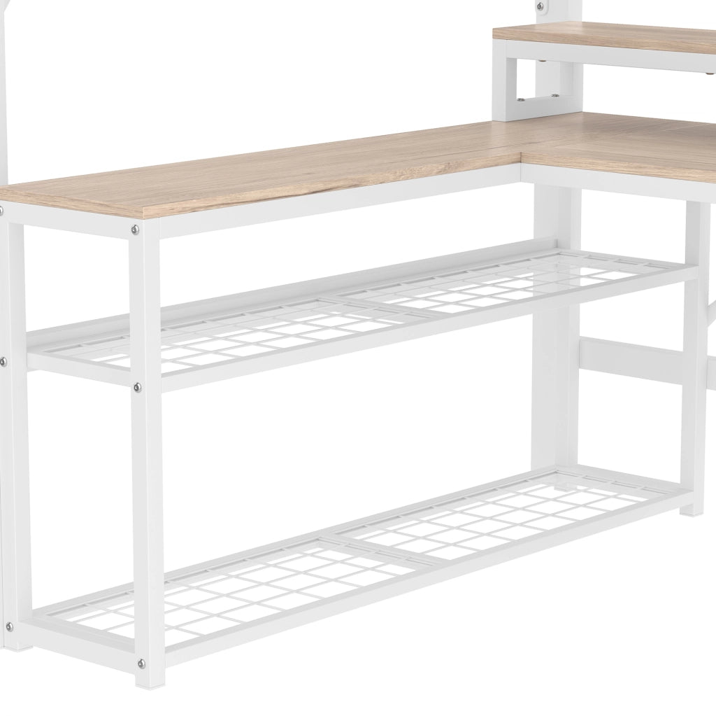 Letto a soppalco 140x200 cm bianco con scrivania, LED, USB e scaffali