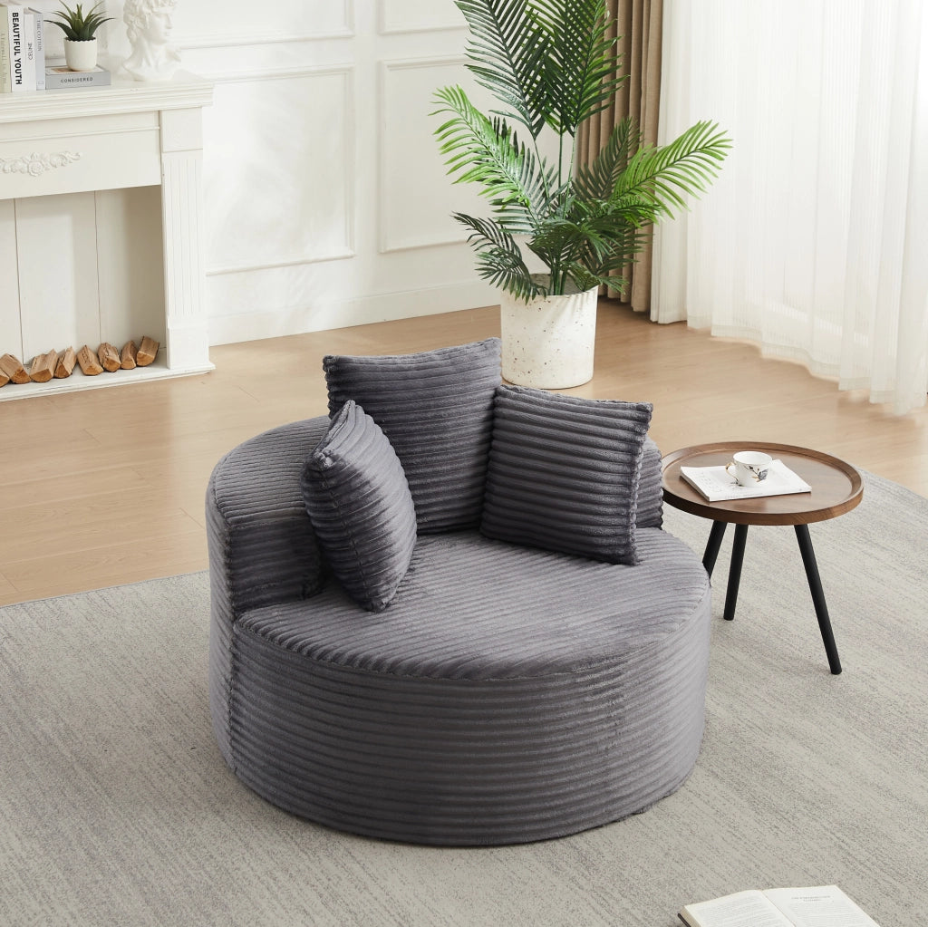 Poltrona lounge rotonda 110 cm grigia in velluto a coste con 3 cuscini