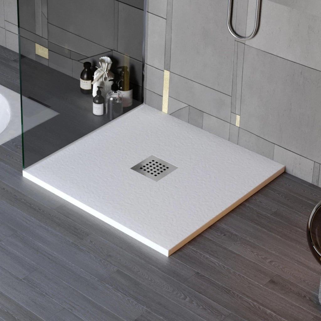 Piatto doccia in marmo resina effetto pietra con foro centrale grigio chiaro chic, misura 90x150
