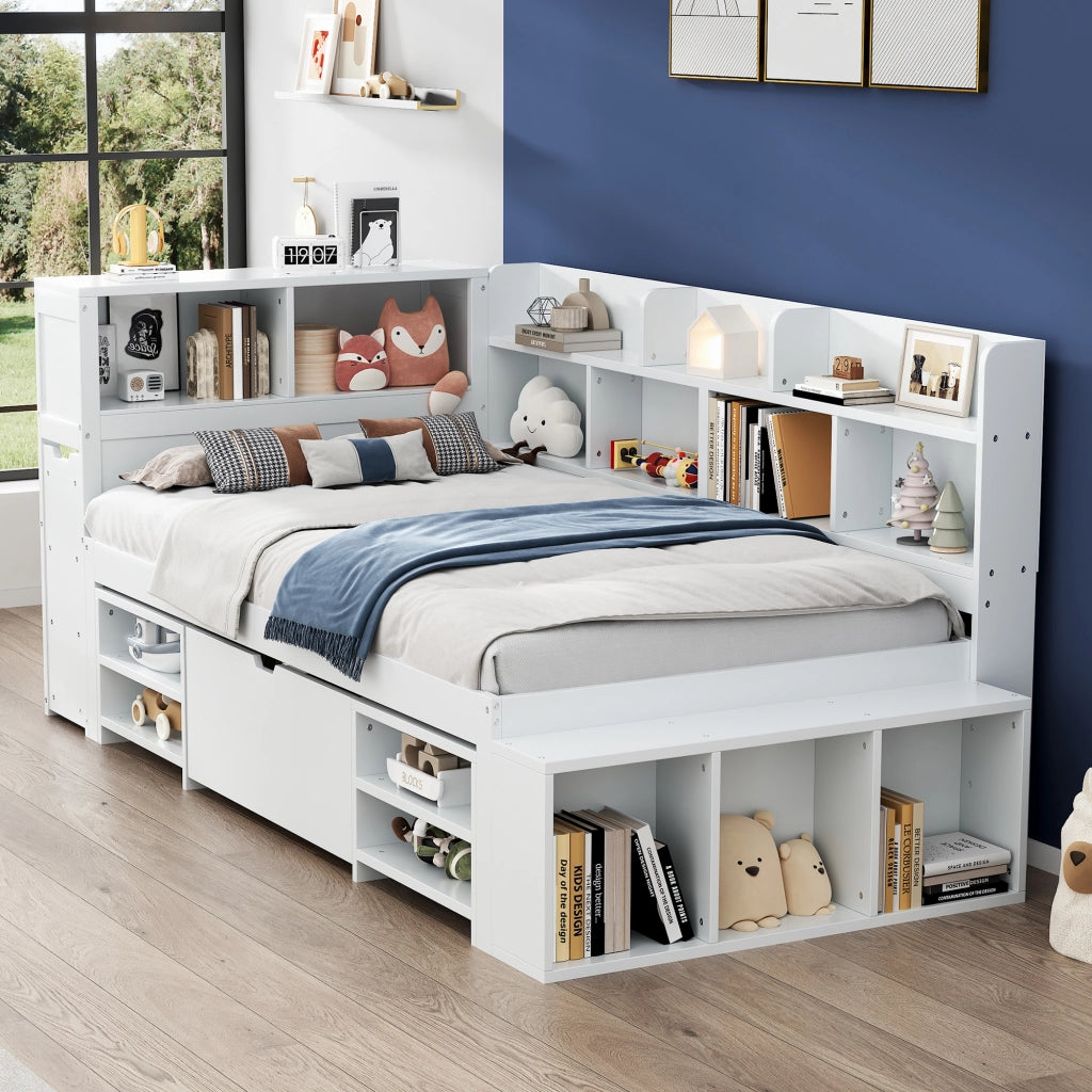 Letto Singolo 90x200 cm Contenitore; Cassetti; Mensole e Armadi in Compensato Bianco