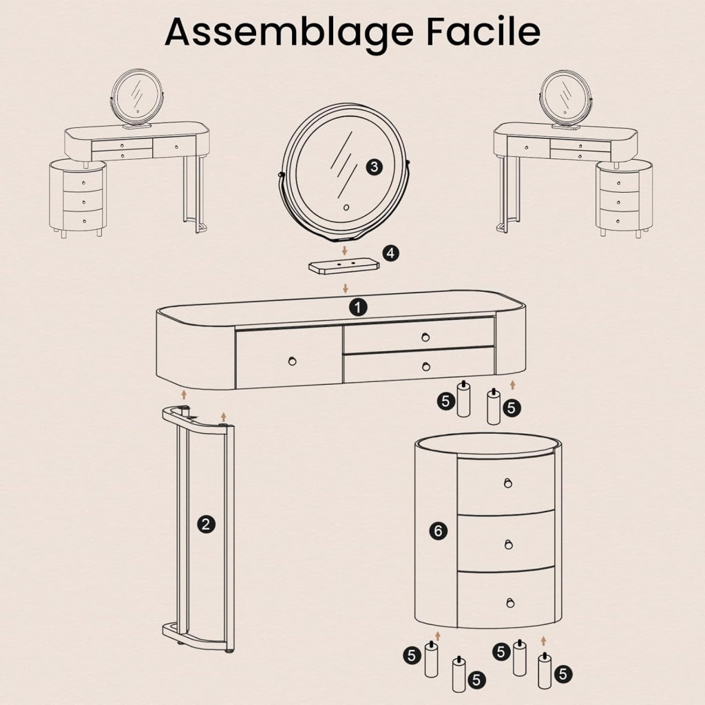 WOLTU Toeletta con Illuminazione a Led e Specchio, Postazione da Trucco con 3 Cassetti in Legno Massiccio, 1 Mobile Laterale Flessibile, Piano Lucido, Bordo in PVC, Facile da Montare, Moderno, Bianco