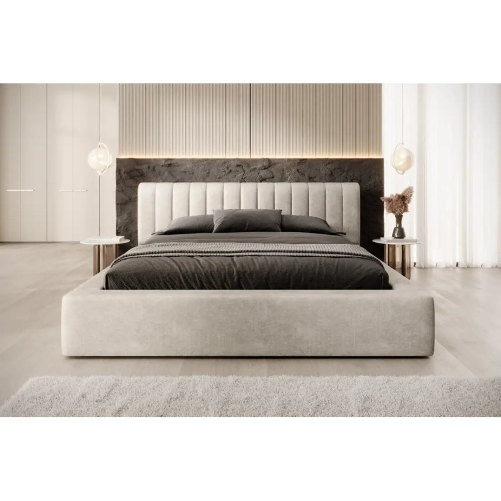 Letto contenitore CERVIN – Velluto morbido Lino naturale – 140x200 cm – Rete sollevabile – Design elegante