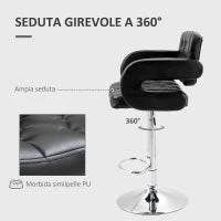Sgabello da Bar Alto con Schienale e Braccioli, Girevole con Altezza Regolabile e Poggiapiedi, Finta Pelle Nera