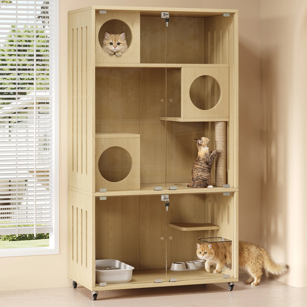 Mobile contenitore per gatti con 3 livelli e porta in vetro - 90×50×166 cm - naturale