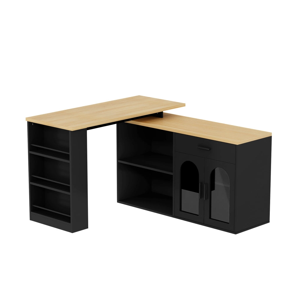 Isola da Cucina 136x50x78 cm Nera e Legno con Tavolo Girevole 360°, Cassetto, Ripiani e Vetro