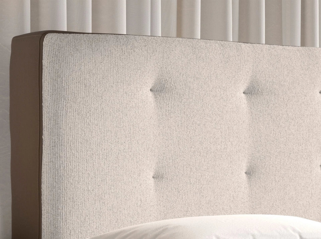 Letto imbottito in tessuto marrone ed similpelle marrone