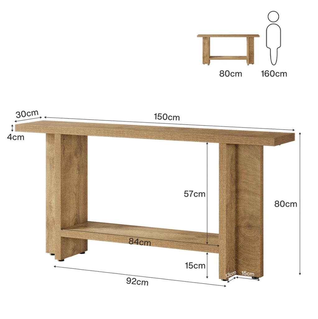 Tavolo consolle a 2 ripiani in MDF 150 x 30 x 80 cm marrone