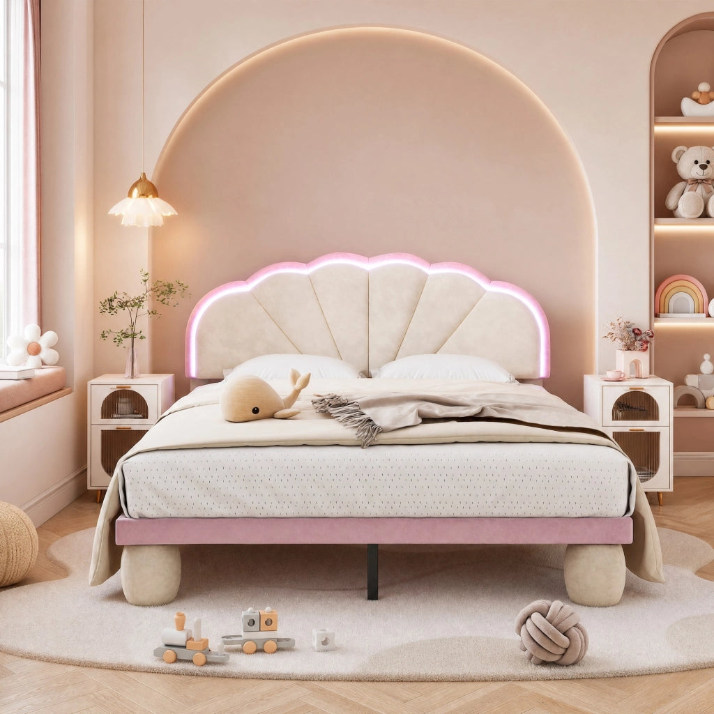 DESMIU Letto per Bambini Matrimoniale 140 × 200 cm con LED Multicolore e Testiera Imbottita, senza Materasso