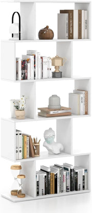 Scaffale a 5 Ripiani in Legno, Libreria Geometrica a Forma di S con Dispositivo Antiribaltamento, per Soggiorno Ufficio Camera da Letto, 70 x 23,5 x 158 cm (Bianco)