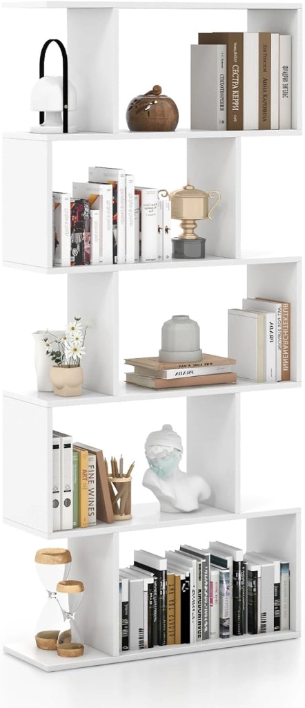 Scaffale a 5 Ripiani in Legno, Libreria Geometrica a Forma di S con Dispositivo Antiribaltamento, per Soggiorno Ufficio Camera da Letto, 70 x 23,5 x 158 cm (Bianco)
