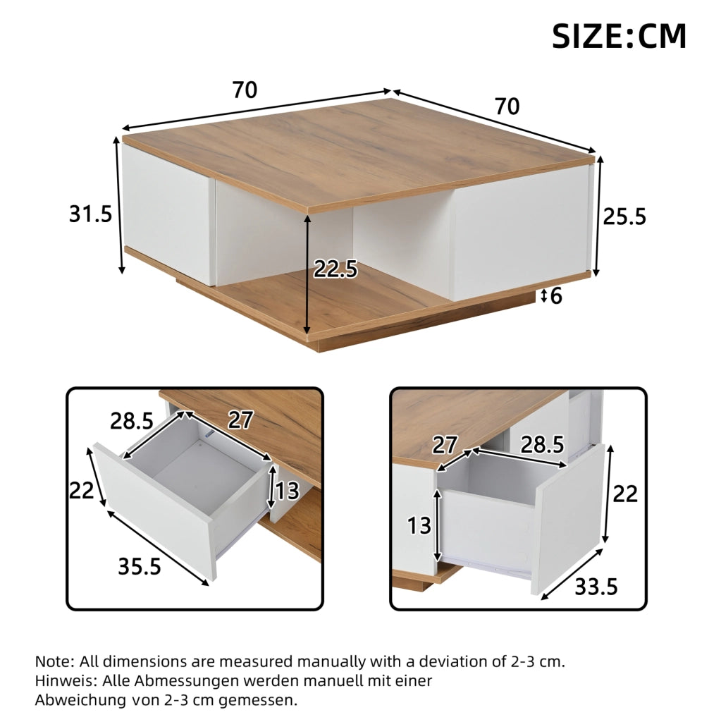 Tavolino da caffè 70x70x31;5 cm con 3 cassetti; bianco e legno