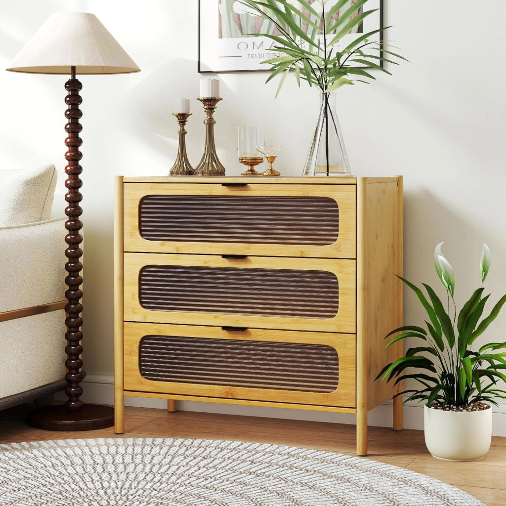 Cassettiera in bambù a 3 cassetti, comodino a 3 livelli con kit antiribaltamento e decorazione in vetro temperato, mobile portaoggetti in legno per camera da letto e soggiorno, naturale