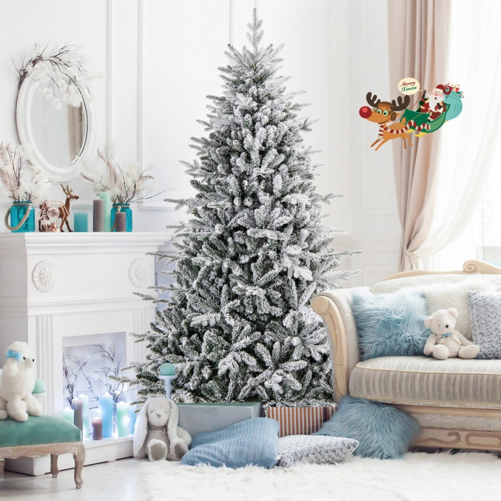 Albero di natale artificiale rivestito di neve di 218cm, Albero decorativo con cerniera e 8 modalit¨¤ luminose-Alberi di Natale