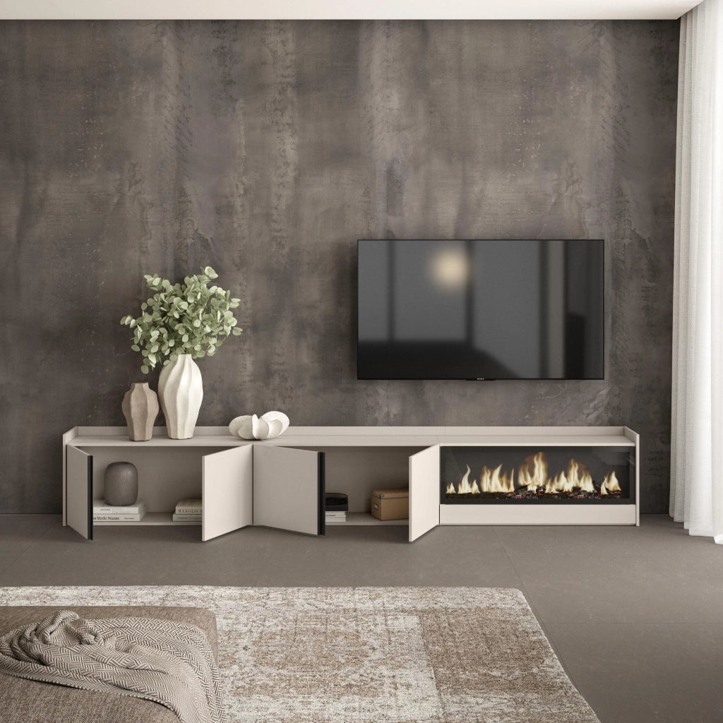 Mobile TV Soggiorno, 315x50x35 cm, Per TV fino a 80", Camino elettrico XXL, Beige