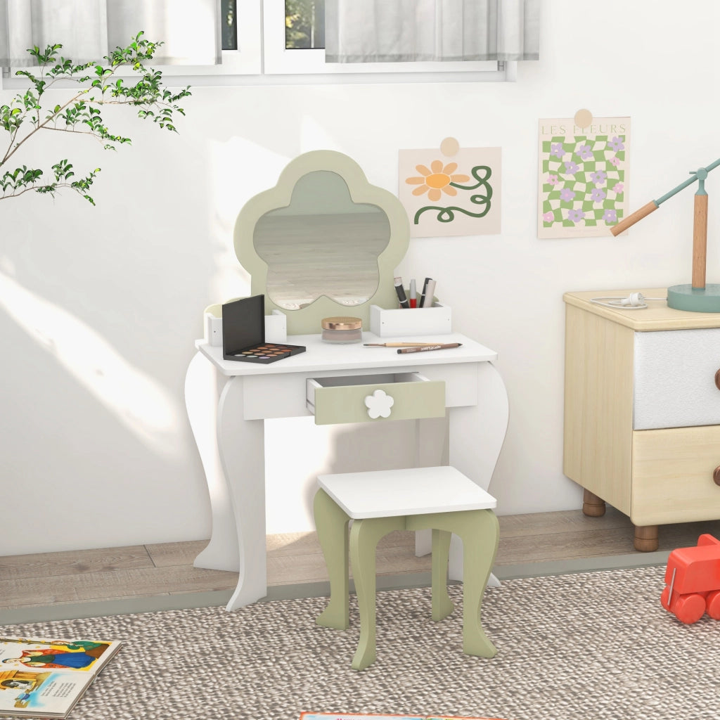 Set Toeletta per Bambina con Specchio e Sgabello ¨C Zephmum ¨C Legno Bianco con Cassetto