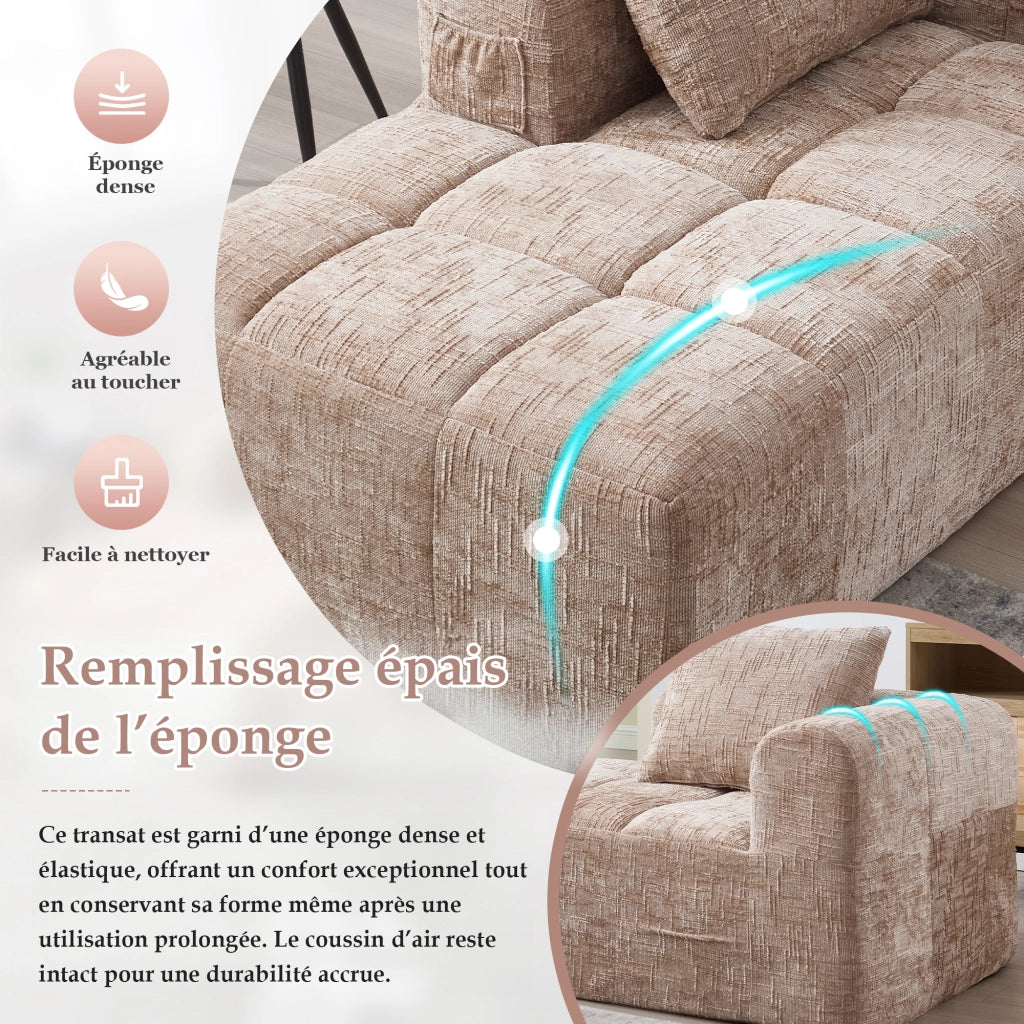 OKWISH Chaise Longue in Ciniglia, Seduta Imbottita con Cuscino e Tasche Laterali, Design Ergonomico, Cachi, 158 × 90 × 60 cm