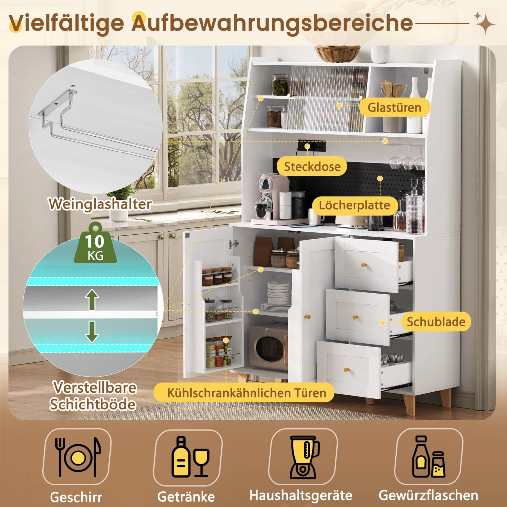 Mobile bar con 3 cassetti, ripiani regolabili, portabicchieri e prese USB, in MDF e PB bianco 120 × 40 × 184 cm